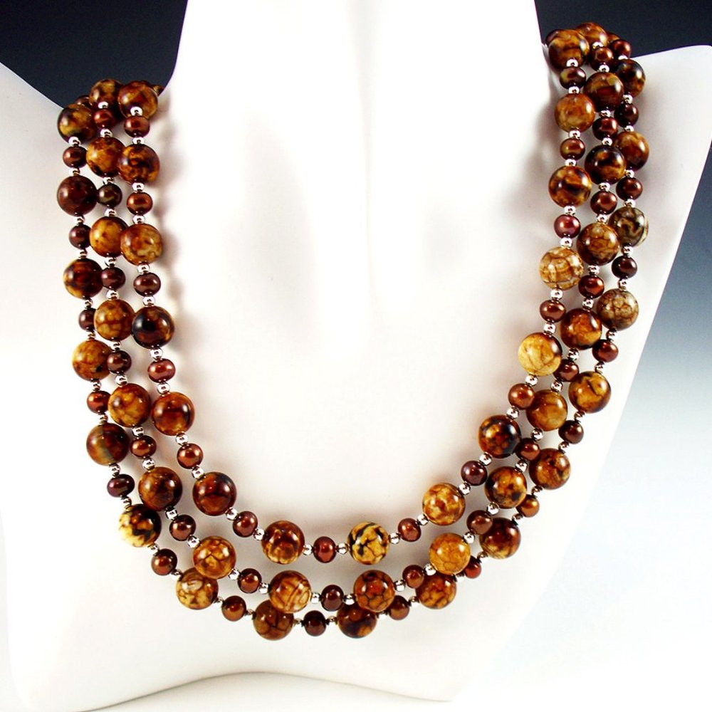 Tiger Agate, Pearl, & Sterling 3-Strand Necklace